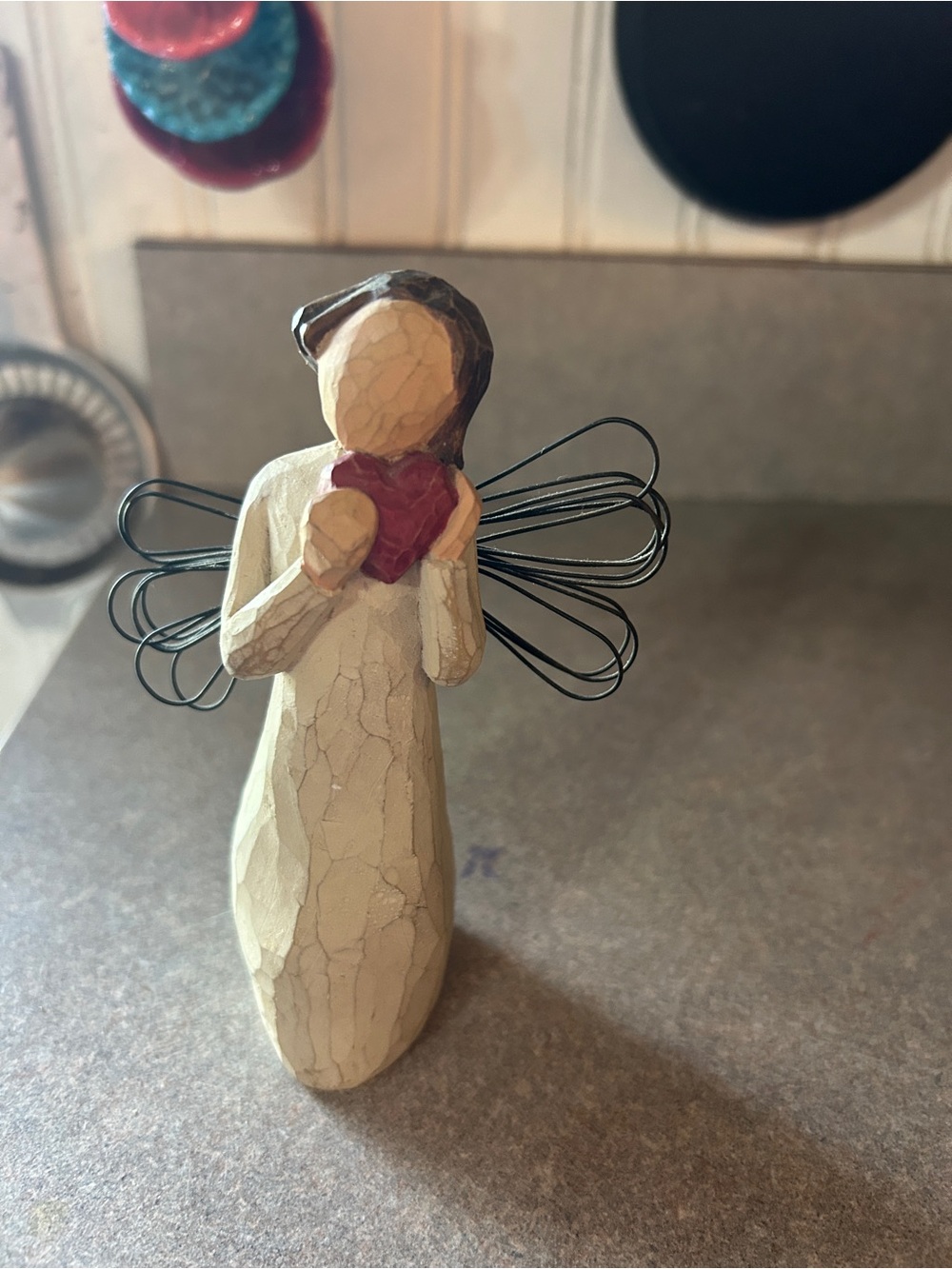 Willow Tree Angel Figurine with Red Heart and Black Wire Wings